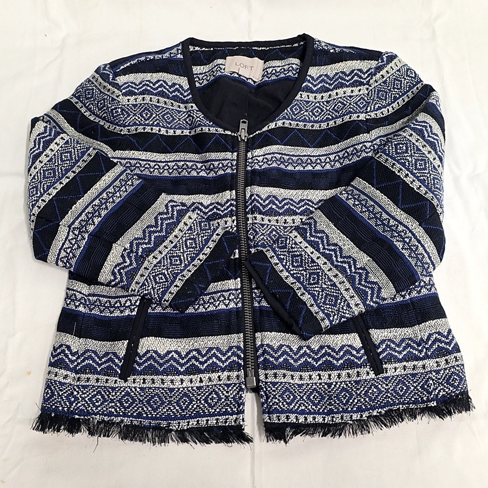 LOFT Jacket Women 2P Blue White Geometric Tribal Jacquard Frayed Fringe Zip